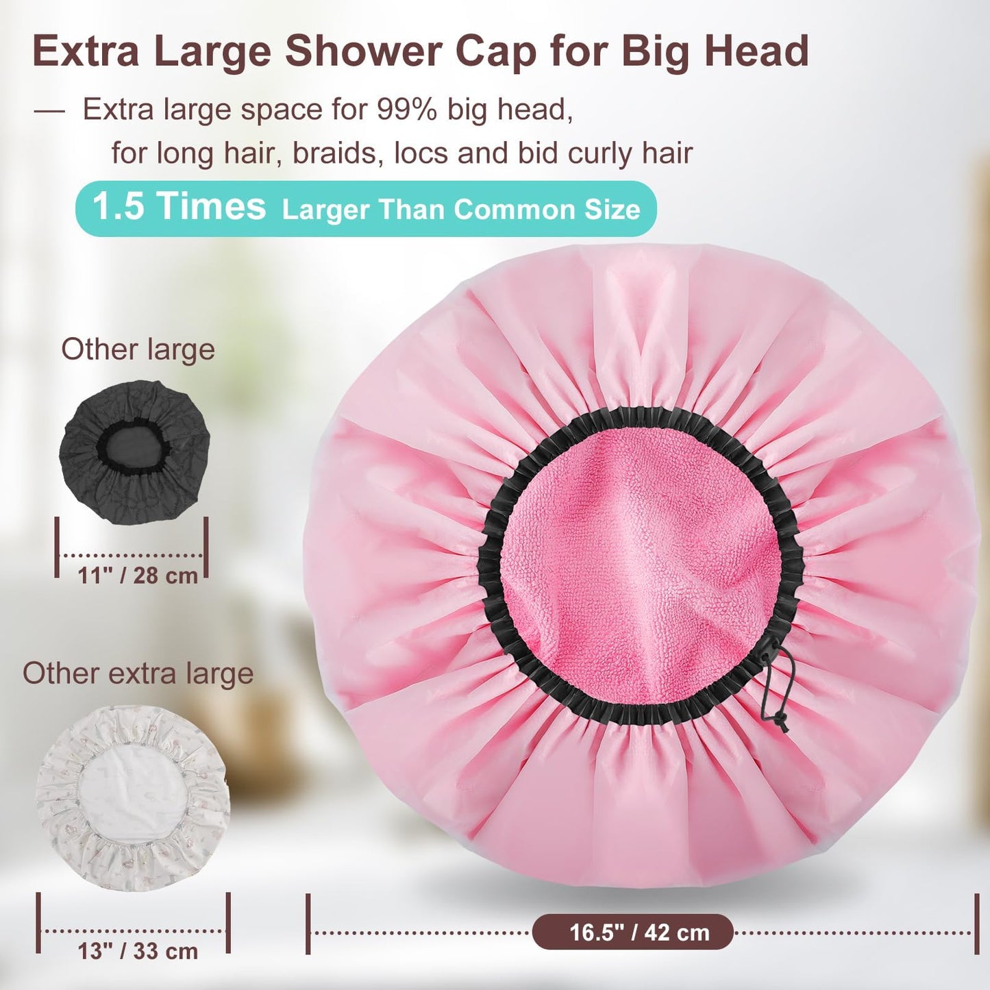 Sheomern 2 Pcs 16.5"Jumbo Adjustable Terry Cloth Lined Shower Caps for Long Hair & Braids, Extra Large Dual Waterproof Hair Cap for Women & Men, Reusable XXL for Dreadlocks, Locs