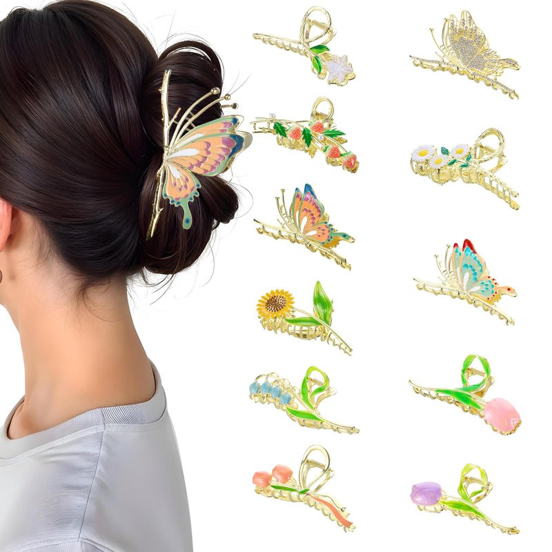 YUXIANLB 11PCS Metal Claw Clips, Sparkly Butterfly Tulip Flower Large Non-Slip Hair Clip for Thick Thin Hairs, Boho Decorative Styling Clamps Hairclips Hawaiian Hair Jaw Accessories for Woman and Girl