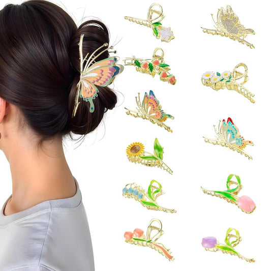 YUXIANLB 11PCS Metal Claw Clips, Sparkly Butterfly Tulip Flower Large Non-Slip Hair Clip for Thick Thin Hairs, Boho Decorative Styling Clamps Hairclips Hawaiian Hair Jaw Accessories for Woman and Girl