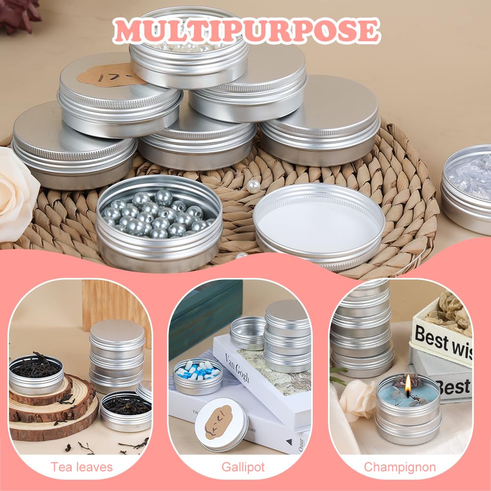 YQ 60 Pack 2oz Tins with Lids, Refillable Salve Tins, Thick 2 oz Tin with Labels, Screw Lid 2oz Tin, Aluminum Round Salve Containers for Lotions, Balms, Salve (Silver)