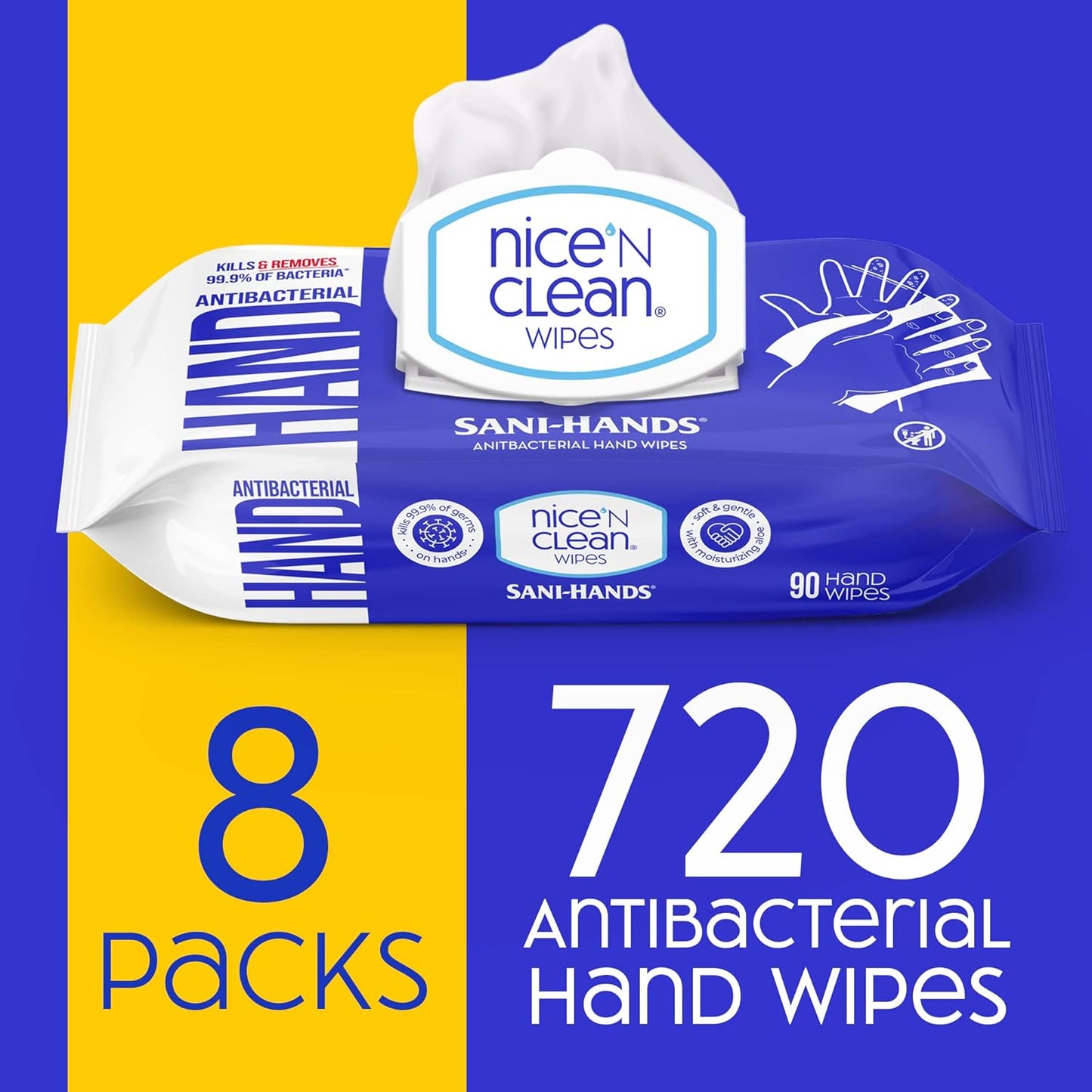 Sensitive Skin Wet Hand Wipes - Aloe Infused Hypoallergenic | 90 Count (8-Pack)