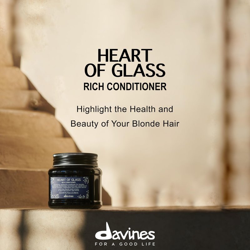 Davines Heart of Glass Rich Conditioner, Fortifying Treatment for Blonde & Silver Hair - Biacidic Bond Complex Repairs & Brightens with Jagua Blue Extract, Travel Size, 3.0 Fl Oz