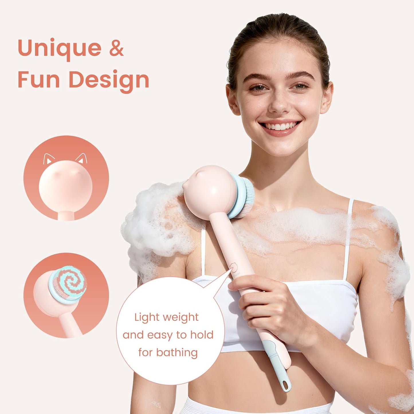 Electric Back Scrubber - Waterproof Rechargeable Body Brush with 3 Speed Modes | 2 Heads for Kids & Adults - Pink