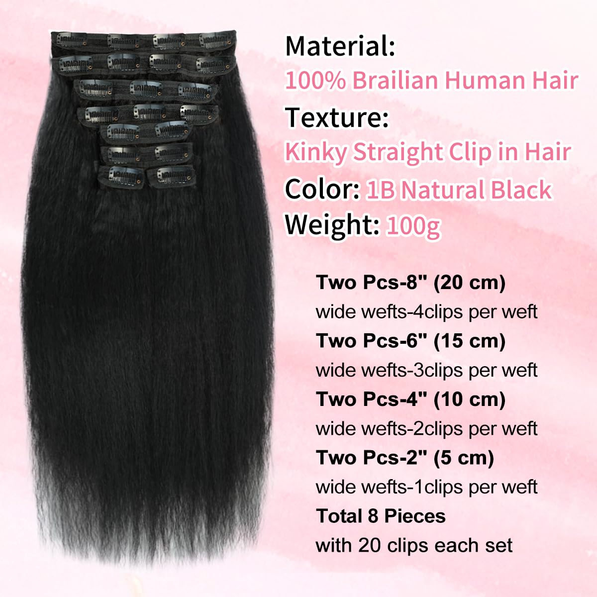 Kinky Straight Clip in Hair Extensions Real Human Hair 110g 8pcs Yaki Straight Clip Ins Hair Extensions For Women Natural Black Full Head Brazilian Remy Hair Double Weft 20 Clips