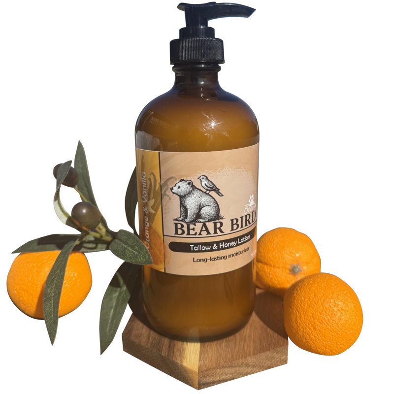 Bear Bird 100% Grass-Fed Tallow & Raw Honey Lotion with Olive Oil, Orange & Vanilla Essential Oils