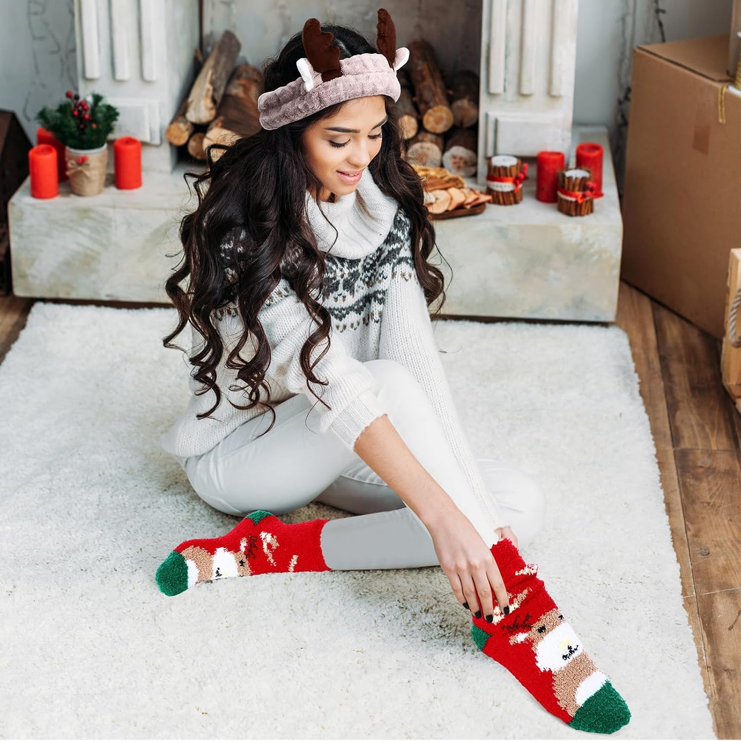 Christmas Antlers Headband Set - 12 Pieces with Fuzzy Socks for Holiday Parties | Deer Ear Design