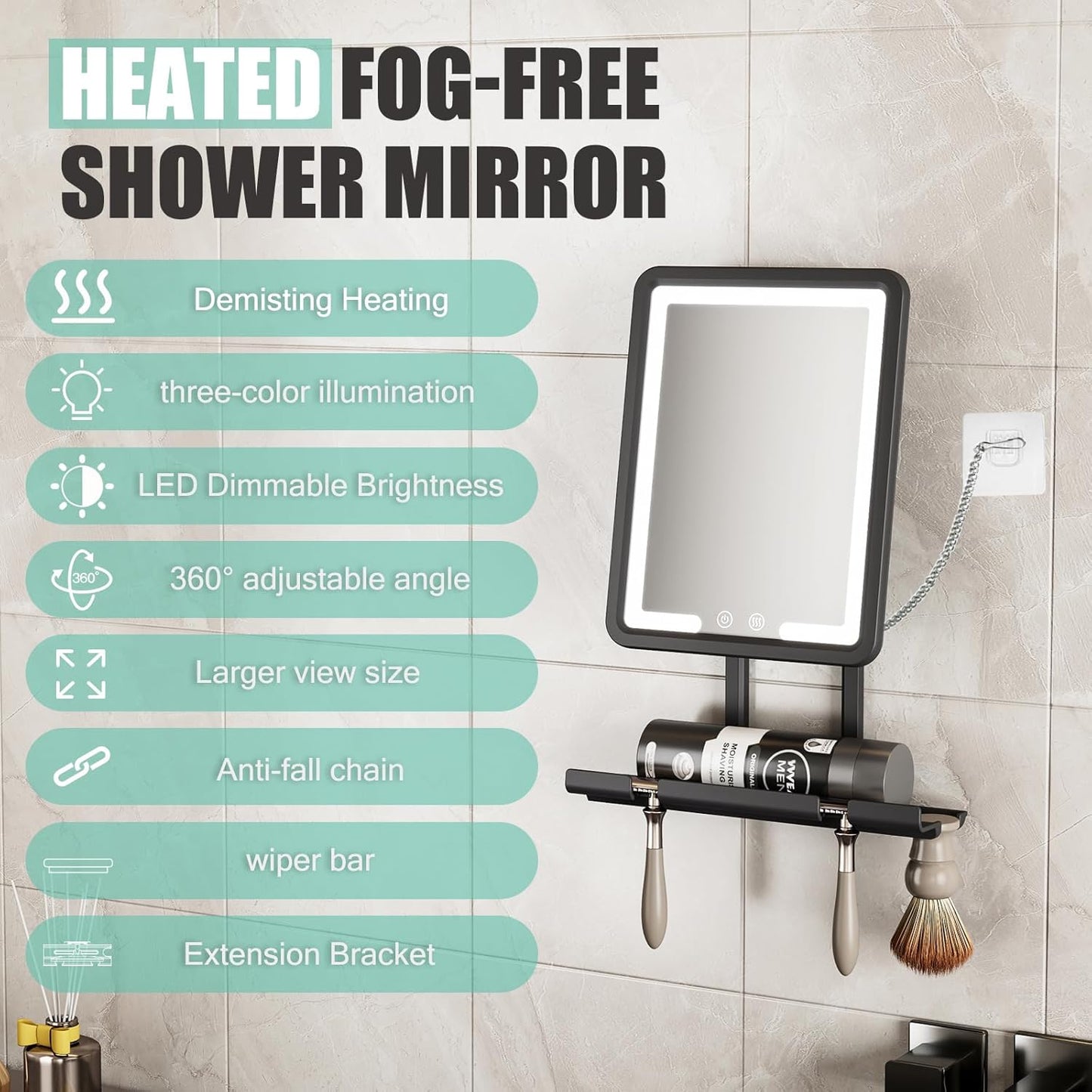 Lighted Anti-Fog Shower Mirror - 3 Color Modes, 360° Rotation, Rechargeable with Storage Tray & Razor Holders | Grey