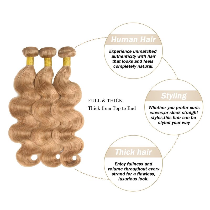 KODRHAR Honey Bundles Brown Human Hair Body Wave 10 12 14 Inch Body Wave Human Hair Weave 3 Bundles Silky Hair Bundles Brazilian 3 Bundles Human Hair Extensions for Women Deals 27 Color Bundles