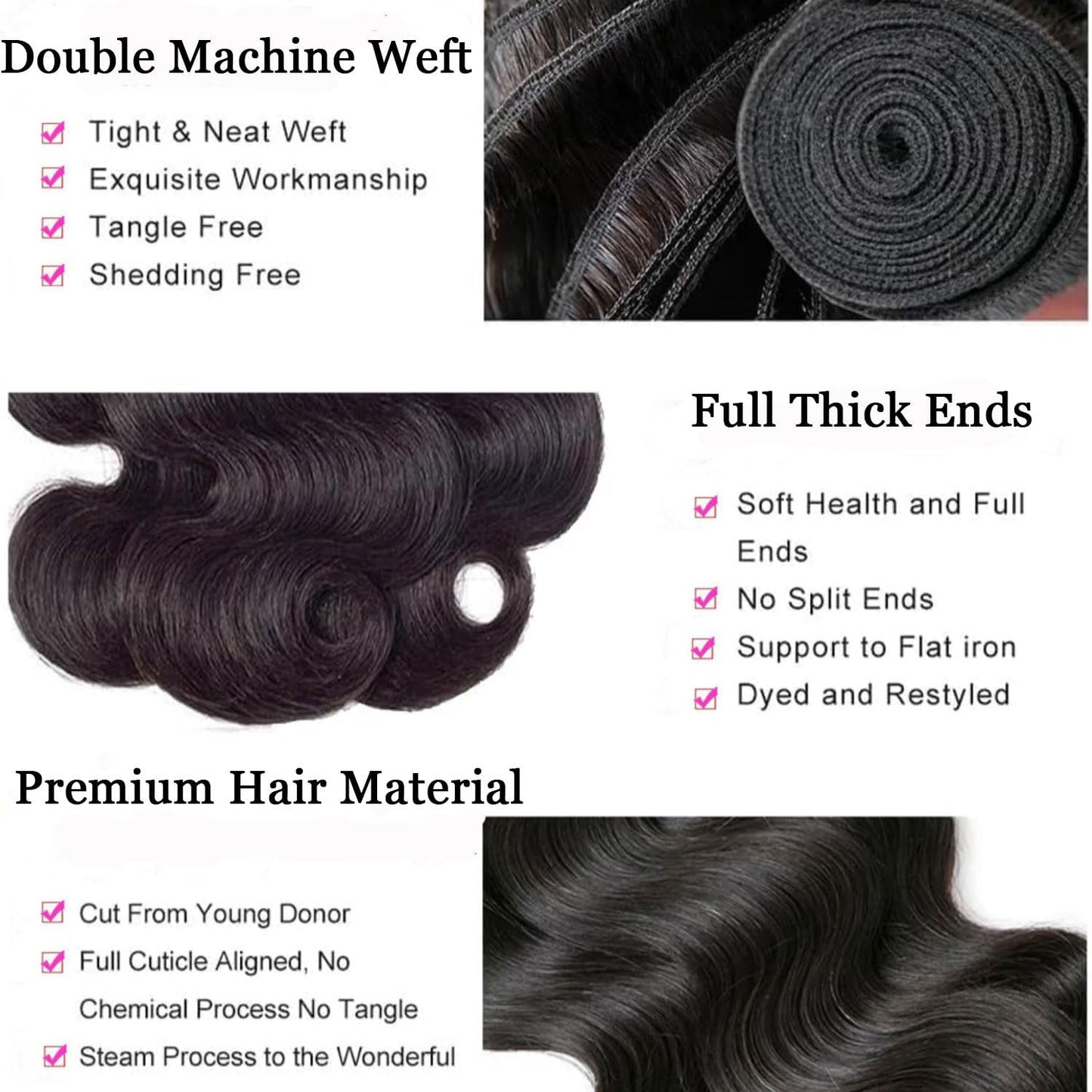 12A Human Hair Bundles - 16 Inch Body Wave Extensions | Unprocessed Brazilian Virgin, Natural Black