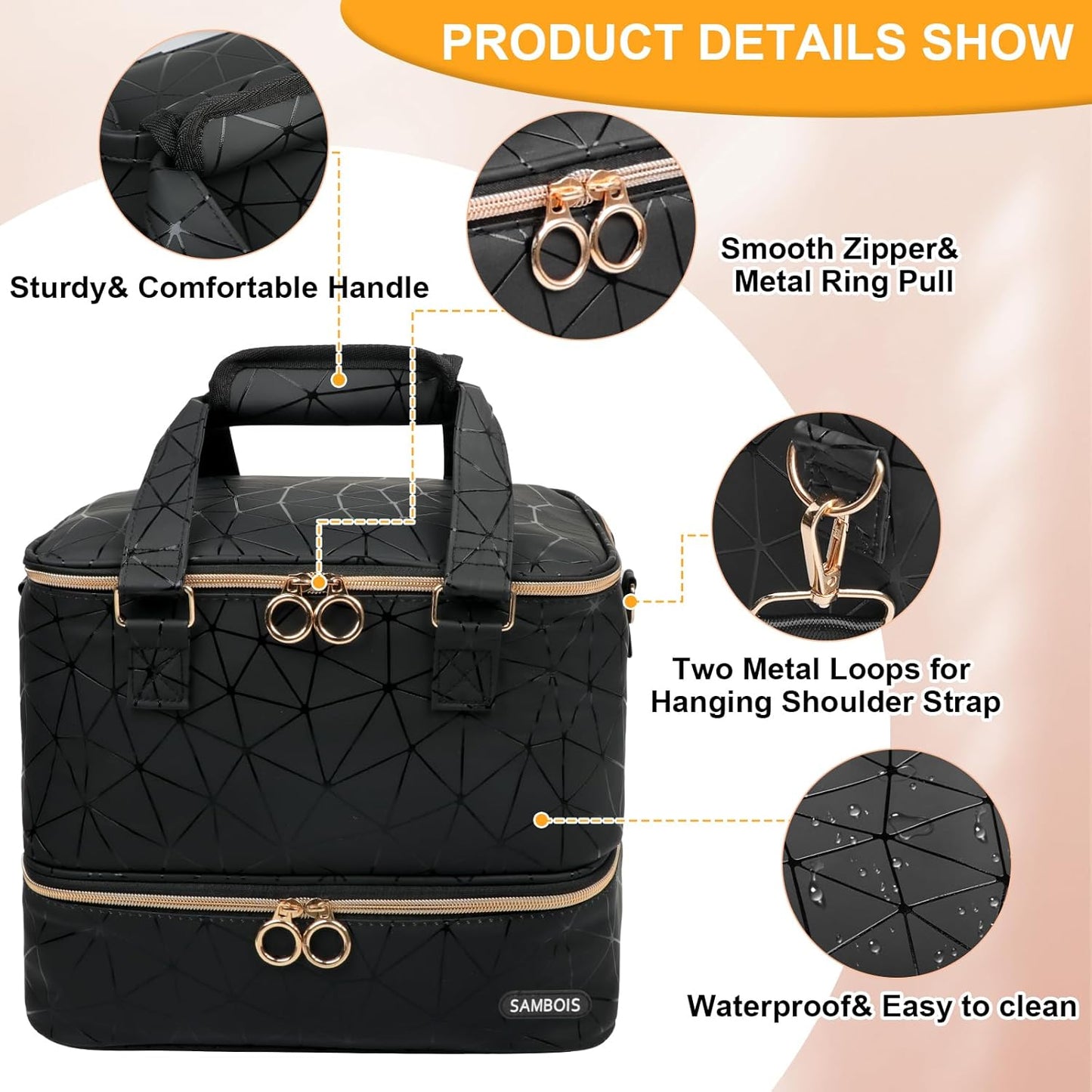 Nail Polish Organizer Bag - Holds 84 Bottles & Nail Lamp | PU Leather Travel Case (Black)