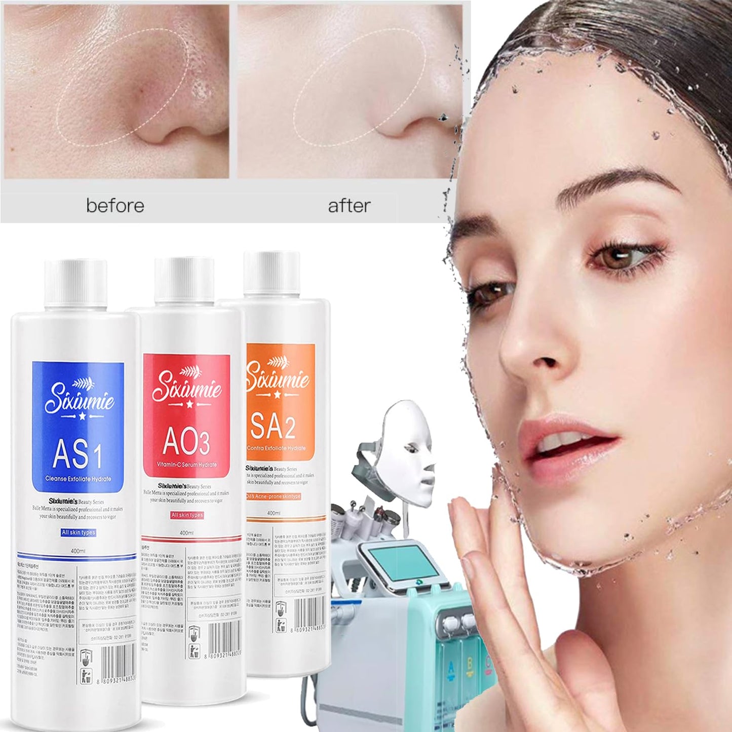 Hydrogen Oxygen Facial Machine Serums for Facial Cleansing – AS1 SA2 AO3 Aqua Peeling Solution Top Salon Skin Scrub Hydra Skin Scrub Special Solution Small Bubble Solution (40fl oz) (3)