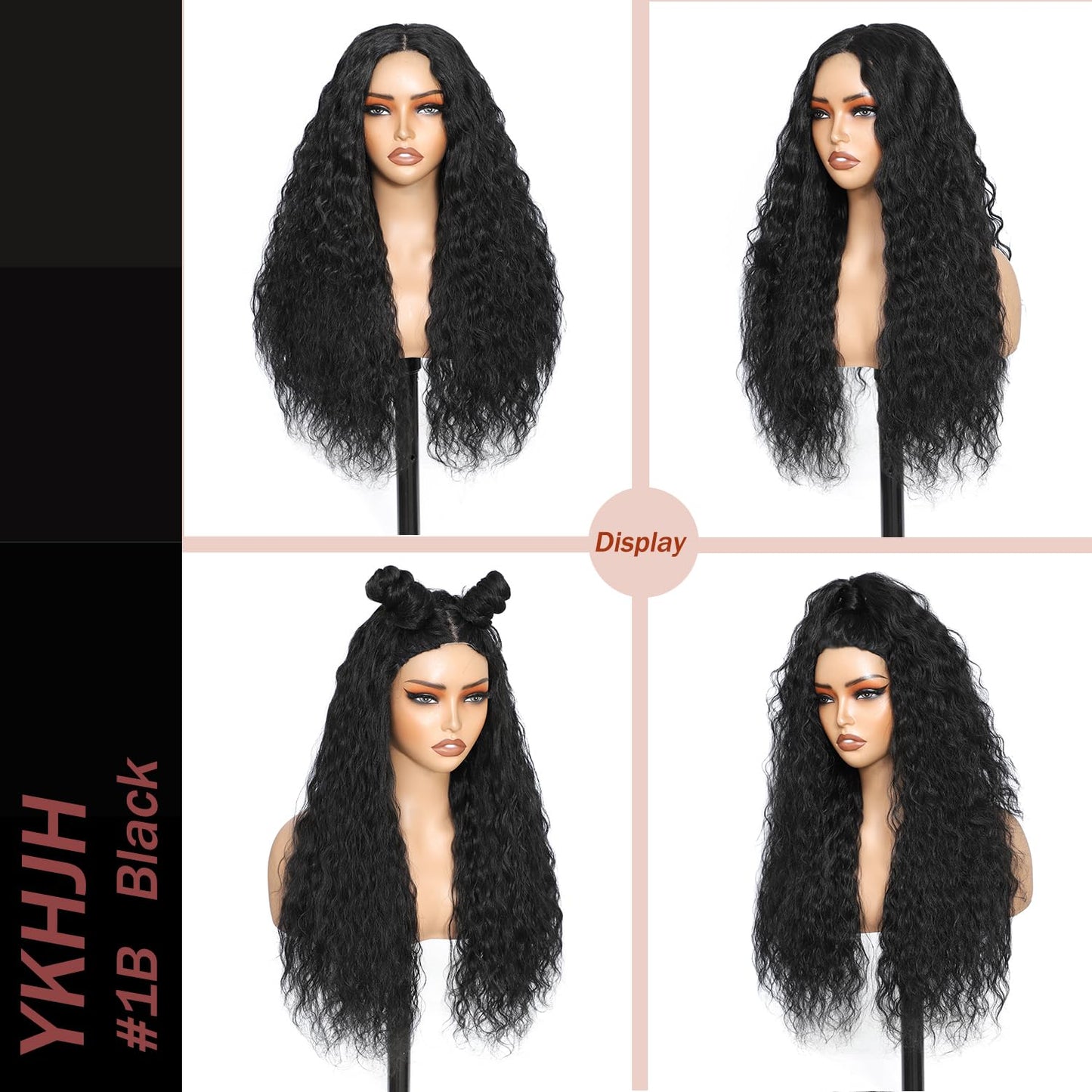YKHJH 26 Inch Black Synthetic Lace Front Wig,100％ Protein Silk Deep Water Wave Lace Front Wig,Curly Glueless Wigs For Black Women,Hair Replacement Wigs Perfect for Daily & Party Use (Black)