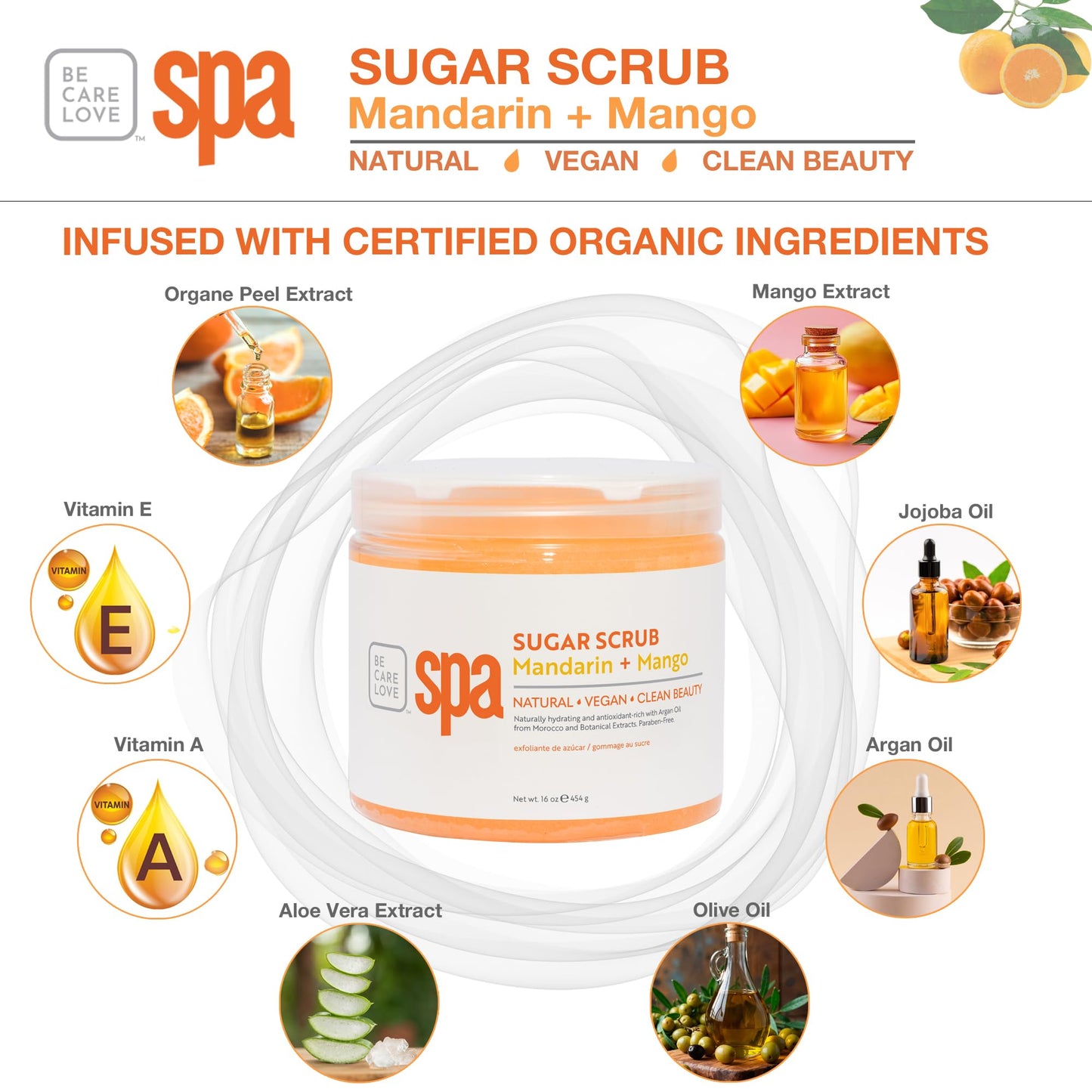 BCL Spa Sugar Scrub, Mandarin Mango For Hands, Feet and Body, 16 oz