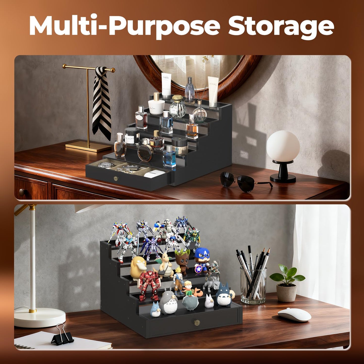 EsLuker.ly Perfume Organizer Cologne Holder Stand for Men, Wooden Cologne Display Shelf for Bedroom Dresser Countertop, 5 Tier Large Capacity Storage Rack with Drawer, Keep Fragrance Neat & Accessible