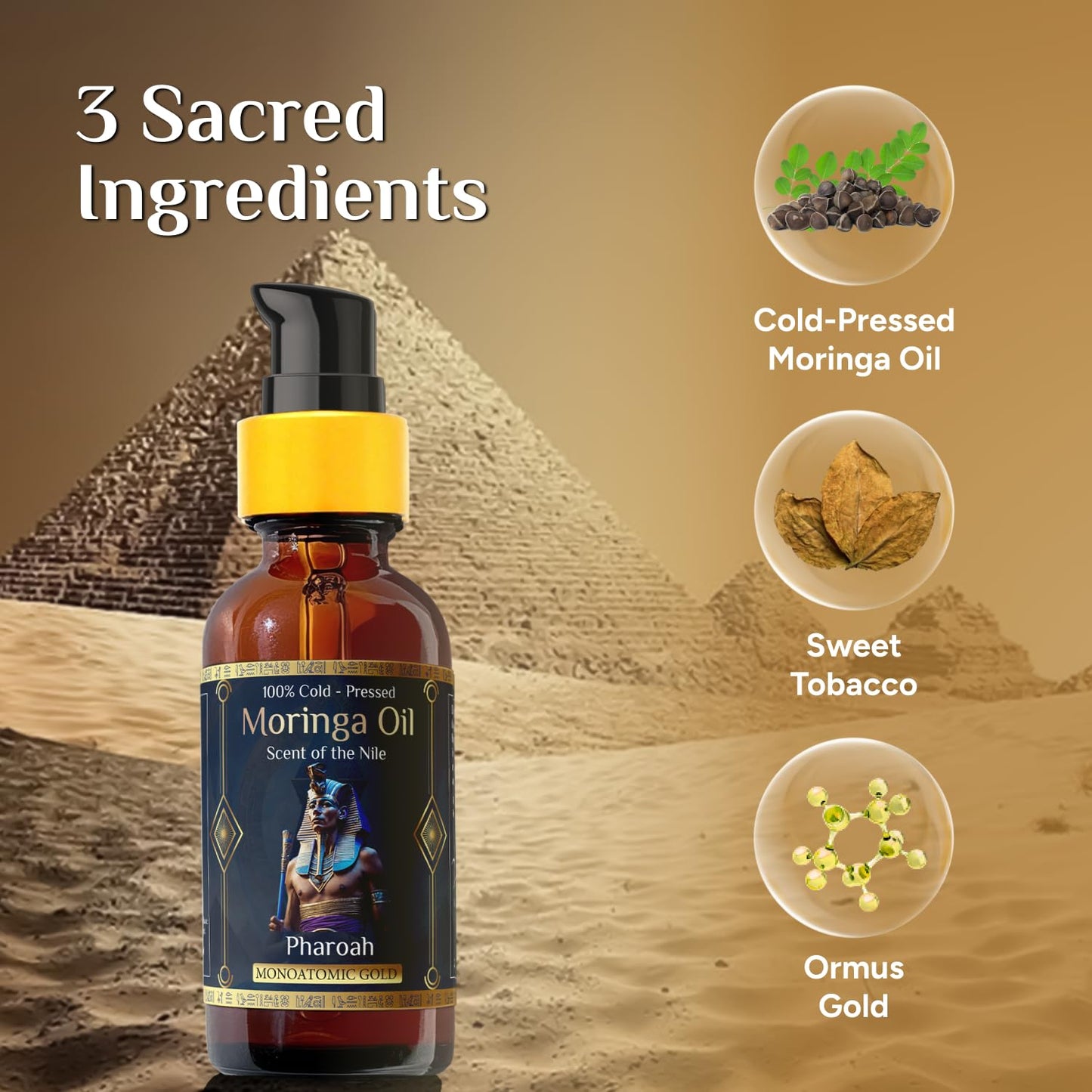 Pharoah - Men's 100% Pure Moringa Oil Blended with Leather, and Sweet Tobacco Essential Oils and Infused with Egyptian Ormus Gold for Face, Hair, Nails, Beard, and Tattoos. 2oz. (60 ml)