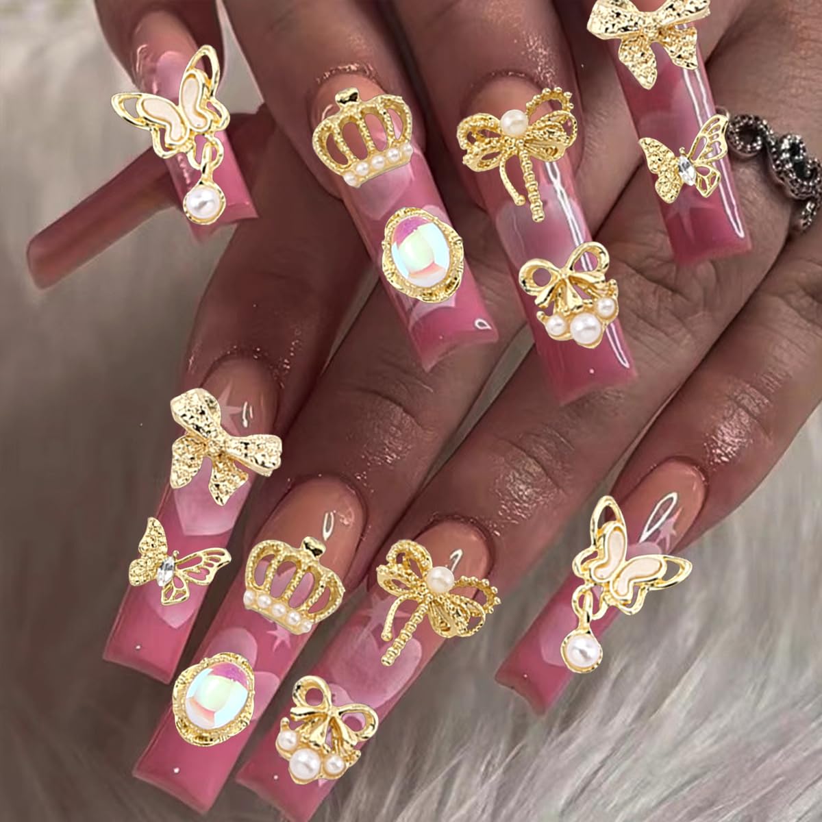 50pcs Gold 3D Alloy Flowers Bows Butterfly Star Crown Heart Charms for Nail Art Design - Mixed Gems Rhinestones Jewels Supplies