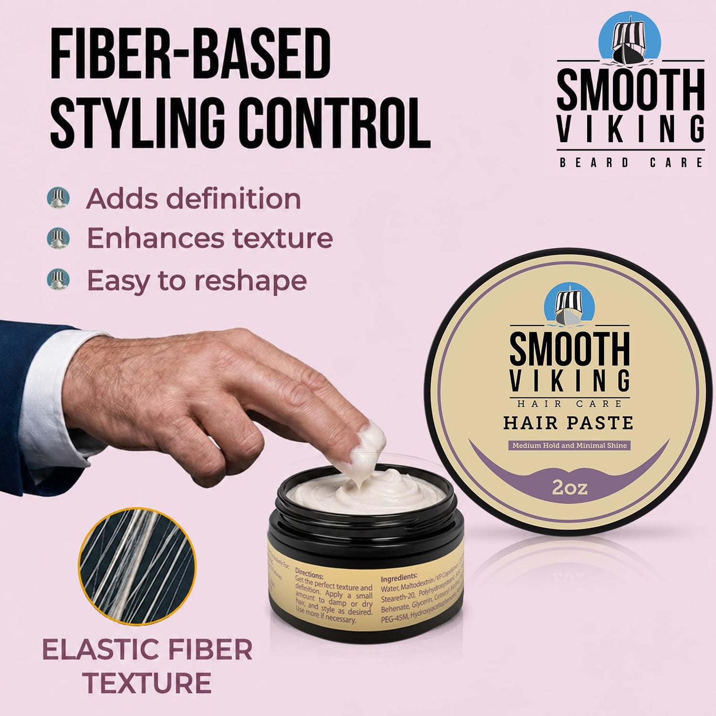 Smooth Viking Hair Paste for Men - Natural Matte Styling Paste for Textured Messy Hairstyle Hair Cream, Hair Styling Cream with Minimal Shine & Medium Hold Hair Products for Men, Made in USA, 2oz
