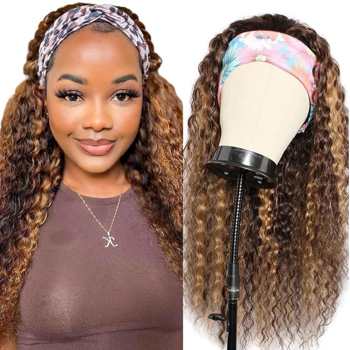mmiQus Headband Wig Human Hair Water Wave None Lace Front Glueless Curly Wig With Pre-Attached Scarf For Black Women Put And Go Wig Natural Beginner-Friendly 14 Inch
