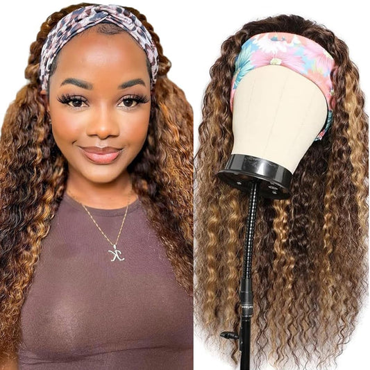 mmiQus Headband Wig Human Hair Water Wave None Lace Front Glueless Curly Wig With Pre-Attached Scarf For Black Women Put And Go Wig Natural Beginner-Friendly 14 Inch