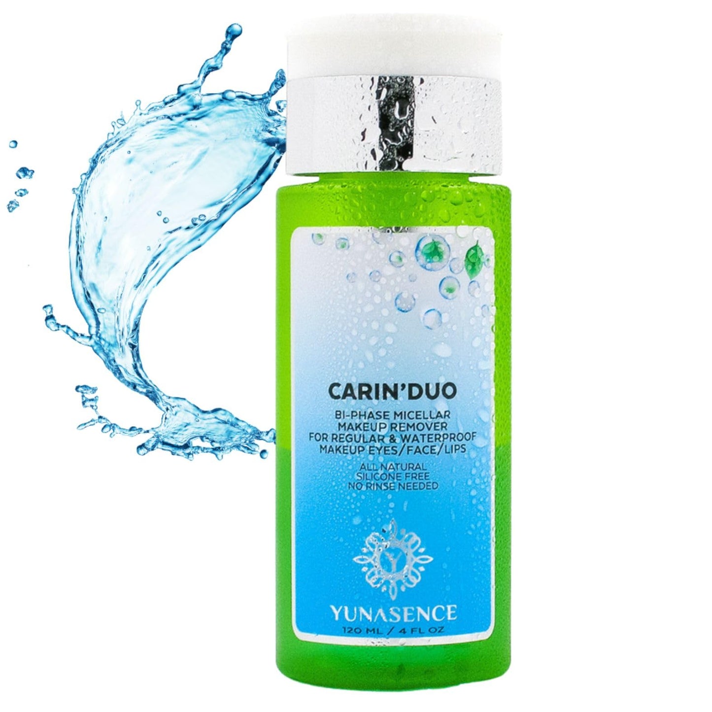 Sweetsation Therapy YUNASENCE CARIN’DUO Bi-Phase Micellar Makeup Remover for Regular and Waterproof Makeup. Eyes/Face/Lips, 4oz. 100% Natural. Silicone free. Cyclopentasiloxane free.