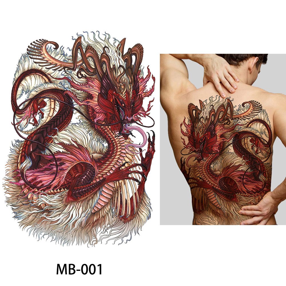 Glaryyears Super Large Full Back Covered Temporary Tattoo, 3 Pack Big Fake Realistic Tattoos Stickers for Adults Women Men, Scary Fierce Dragon Tiger Design