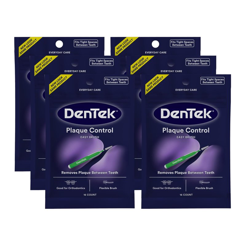 Dentek Interdental Brushes - Tight, 16 Count, 6 Pack - Easy-Brush Interdental Plaque Remover with Fluoride - Cleans Tight Spaces Around Teeth, Braces & Other Dental Appliances