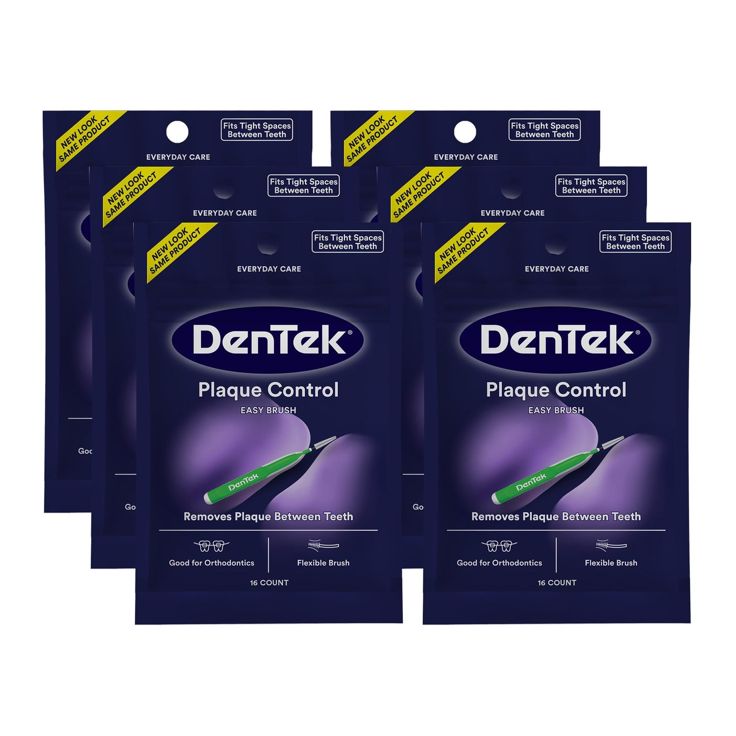 Dentek Interdental Brushes - Tight, 16 Count, 6 Pack - Easy-Brush Interdental Plaque Remover with Fluoride - Cleans Tight Spaces Around Teeth, Braces & Other Dental Appliances