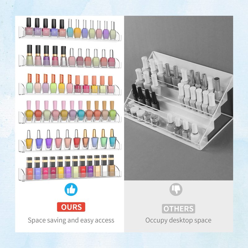 Hexsonhoma 15 Inch Acrylic Nail Polish Rack for Wall Set of 6, Wall Mounted Nail Polish Display Rack with End Caps, Nail Oranizer and Storage for Nail Tech, Hold Up to 90 Bottles (15 Inch)