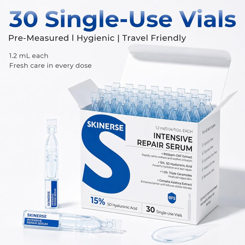 SKINERSE Intensive Repair Serum, 15%Hyaluronic Acid for Sensitive Skin Anti Aging Ultra Hydrating Serum for Face Calming Barrier Repair Redness Relief with Ceramides Centella 30Vials Daily Travel Care