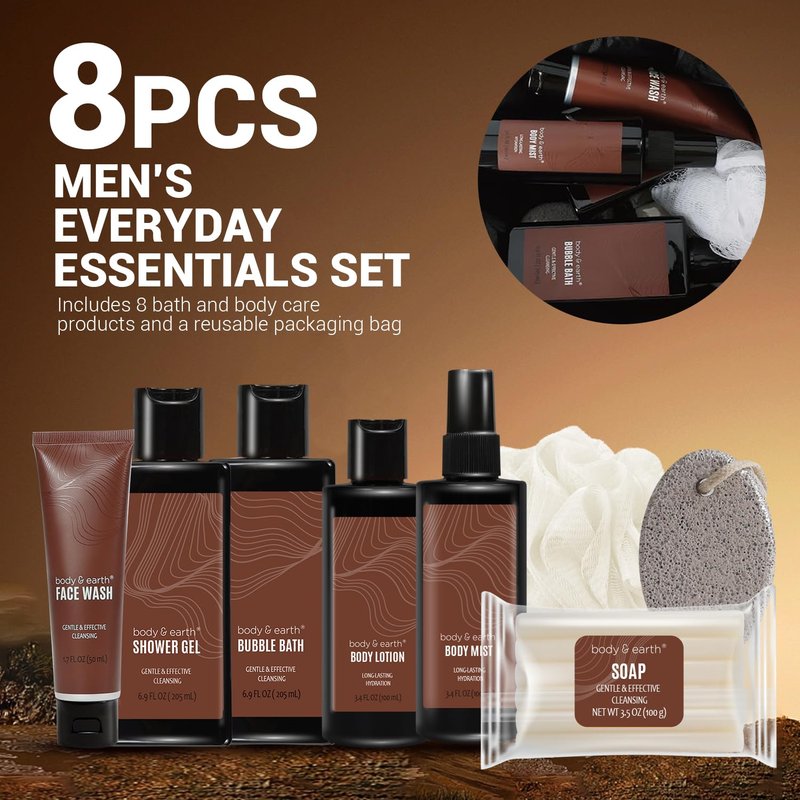 BODY & EARTH，Father’s Day Gifts, Birthday for Men，8-Piece Gift Basket, Man Anniversary Gifts. Travel Size Toiletries with Sandalwood, Includes Body Wash，Body Lotion，Travel Bag