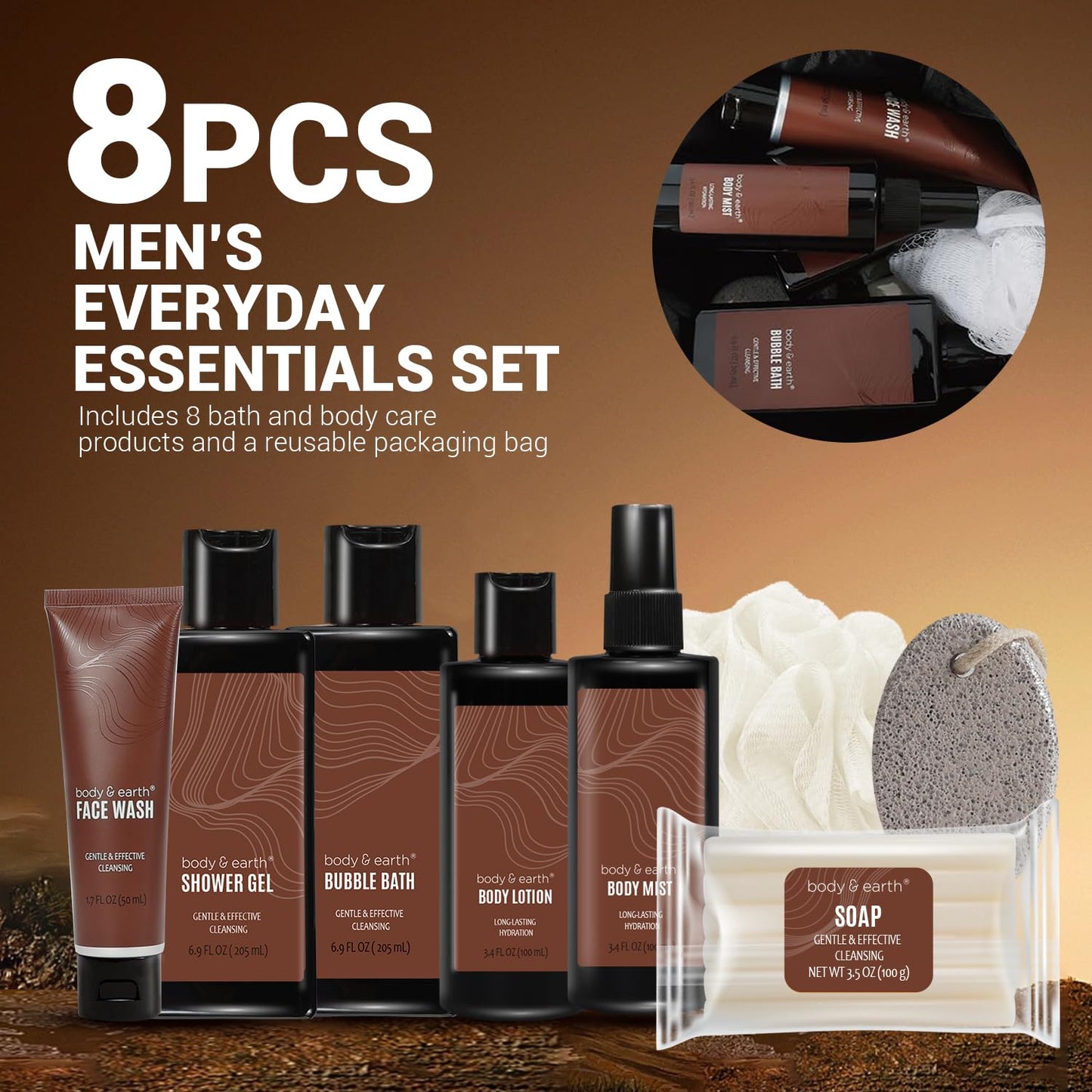 BODY & EARTH，Father’s Day Gifts, Birthday for Men，8-Piece Gift Basket, Man Anniversary Gifts. Travel Size Toiletries with Sandalwood, Includes Body Wash，Body Lotion，Travel Bag