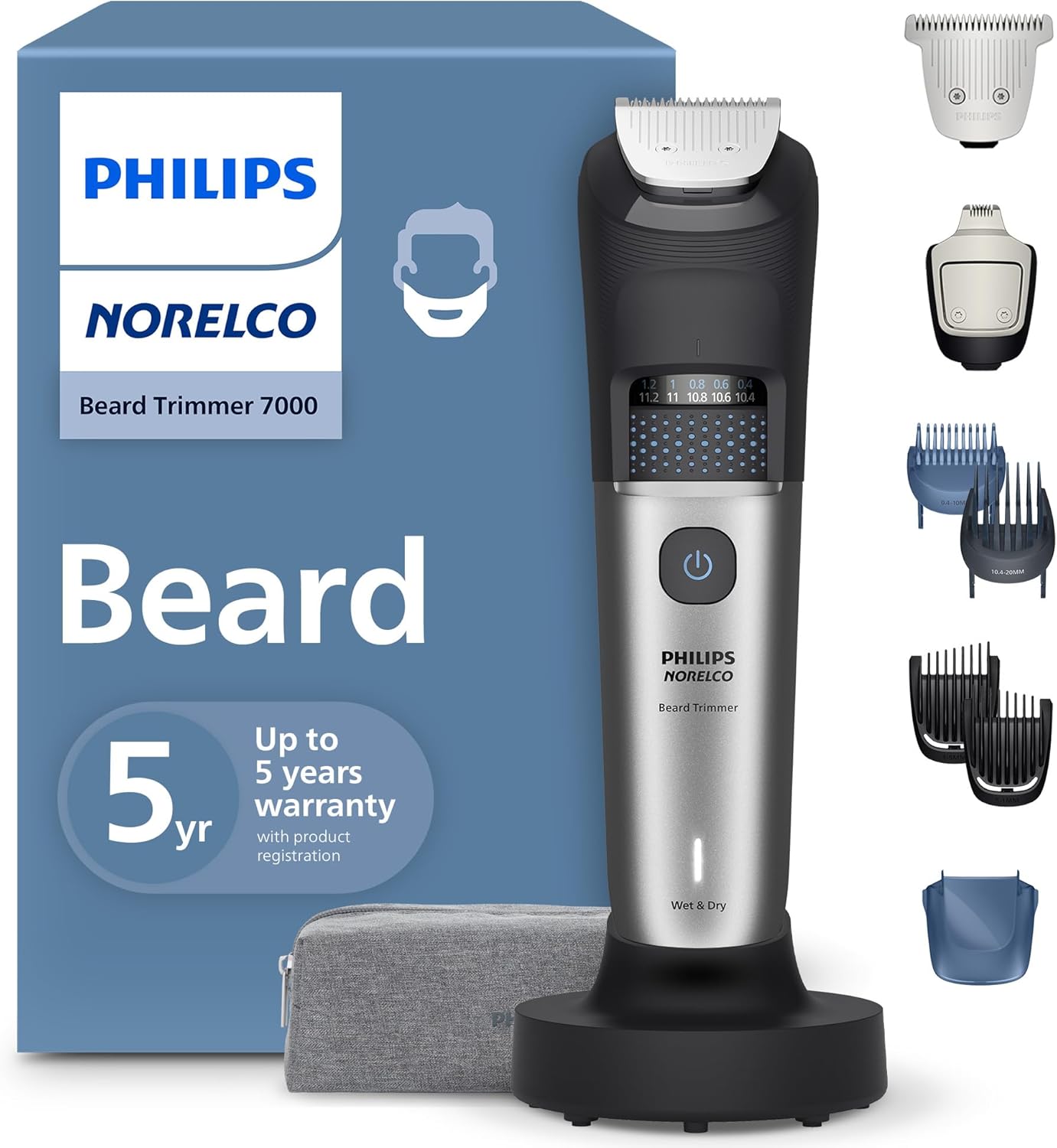 Philips Beard Trimmer 7000 Series - 100% Waterproof, 40 Length Settings | Detail & T-Blade Heads, Charging Stand