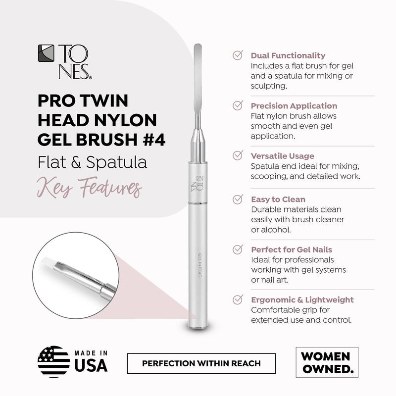 Tones Twin Head Nail Art Gel Brush - Brush for Gel Nails - Ultra Precise Nail Sculpting and 3D Nail Art Brush (#4 Flat & Spatula)
