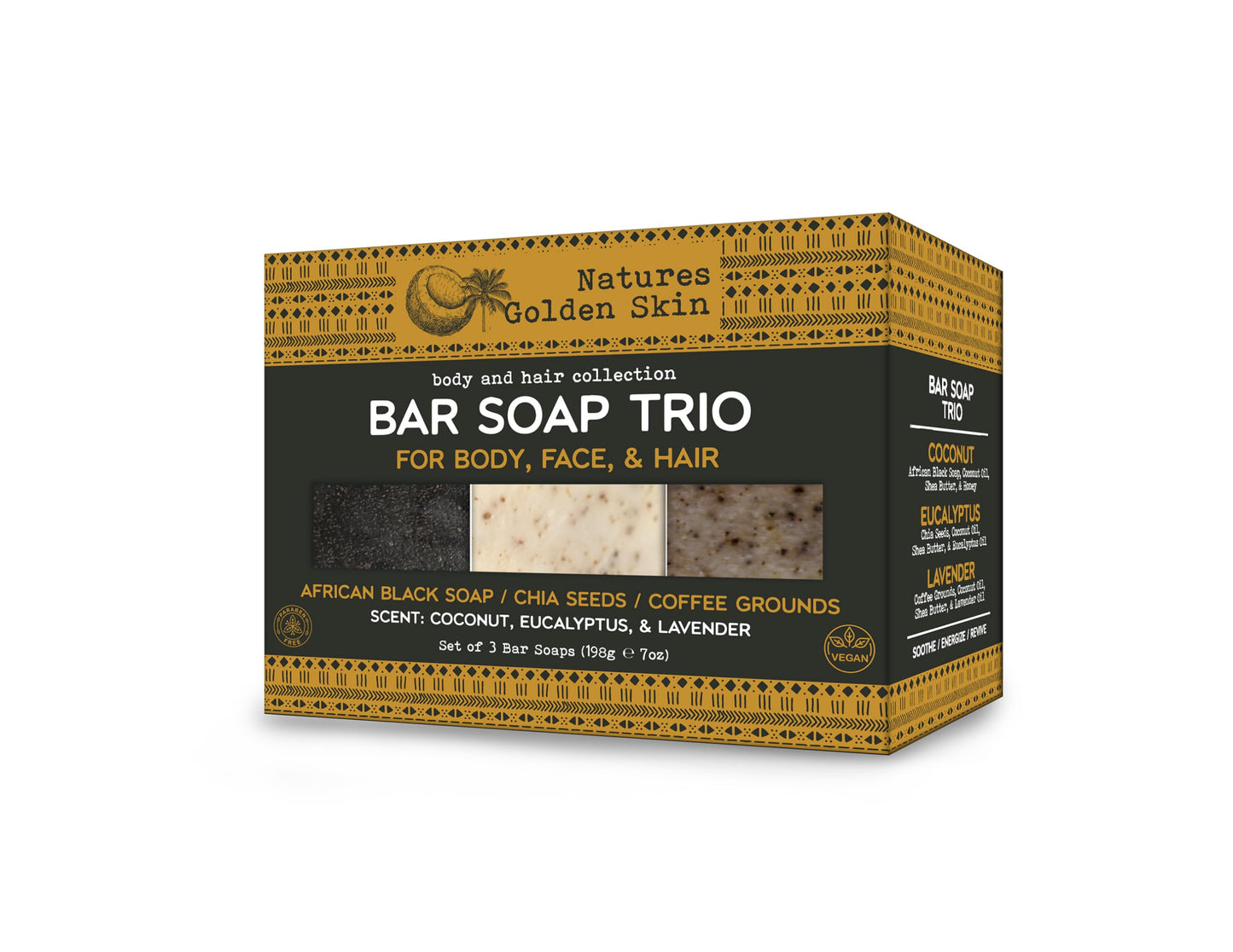 Nature's Golden Skin Bar Soap Trio for Body, Face, & Hair, Coconut, Eucalyptus, Lavender, 3 Bars (7 oz each) | Home and Body Company