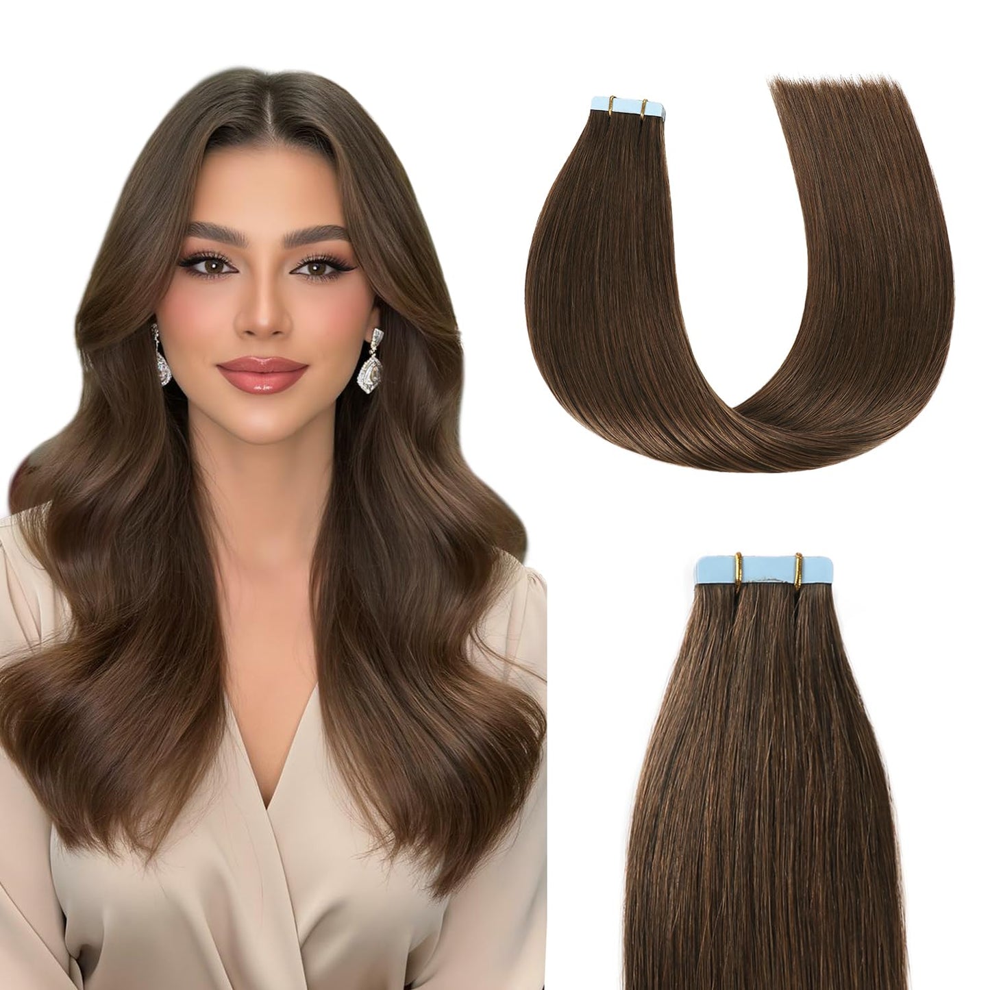 Tape In Hair Extensions - 16 Inch Straight Remy Human Hair | Chocolate Brown Seamless Skin Weft, 40g, 20 Pcs