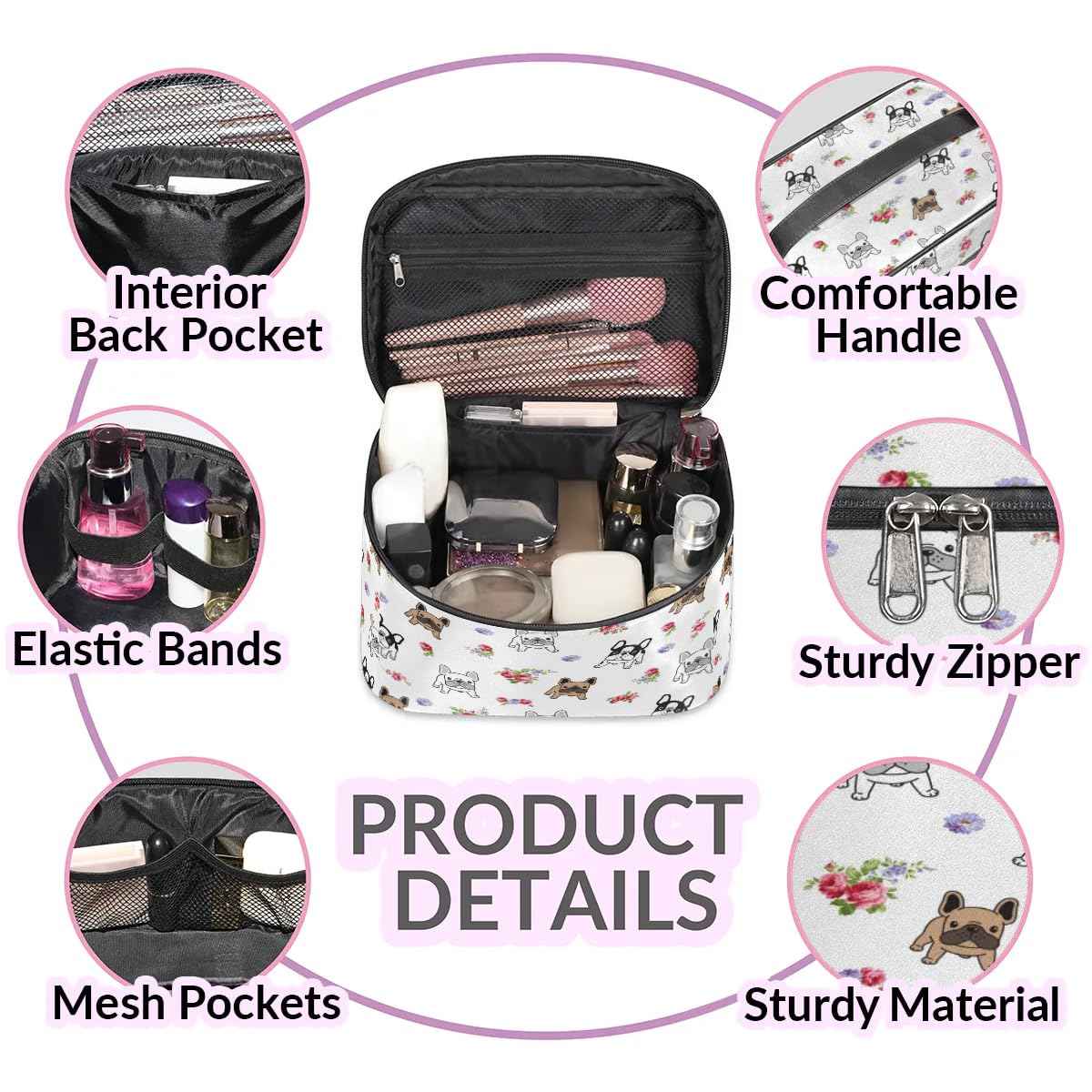 Funky Qiu Makeup Bag,French Bulldog Flower Cosmetic Bags for Woman Girls,Portable Large Capacity Travel Makeup Case Organizer Cosmetic Case Travel Essential
