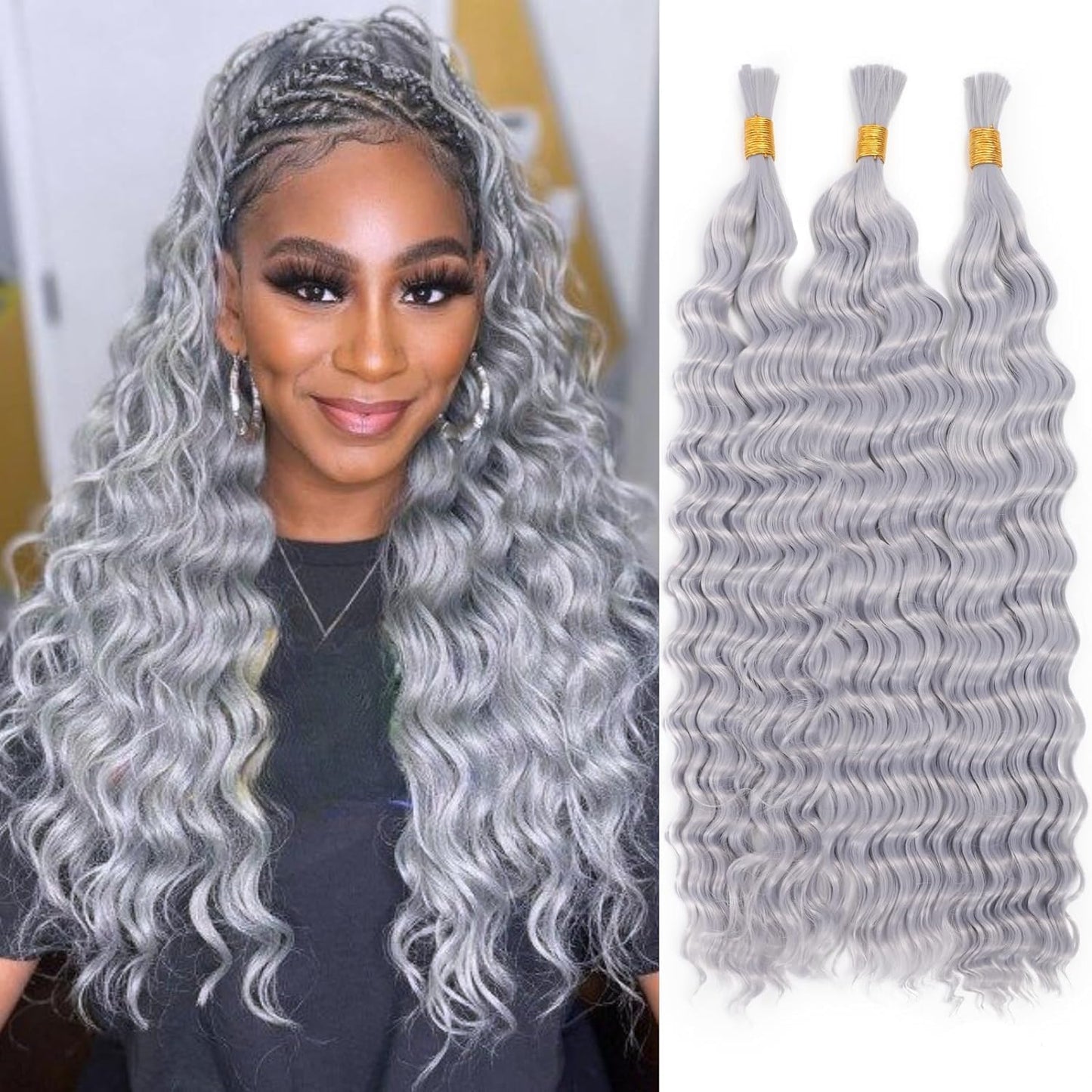Xddnamei Curly Grey Deep Wave Bulk Human Hair for Braiding 2 Bundles Total 100g 24 Inch Grey No Weft Braiding Hair Brazilian Virgin Deep Wave Human Hair Extensions for Boho Braids