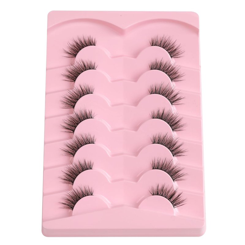 Natural Look Half Eyelashes - 14mm Cat Eye Wispy Lash Strips | 3D Volume Soft C Curl, 7 Pairs