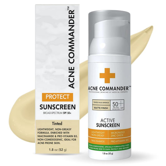 Acne Commander Mineral SPF 50 Face Sunscreen for Acne-Prone & Sensitive Skin — Zinc Oxide, Non-Comedogenic, No White Cast — Tinted, Broad Spectrum, Fragrance-Free, Lightweight Daily, ~52g