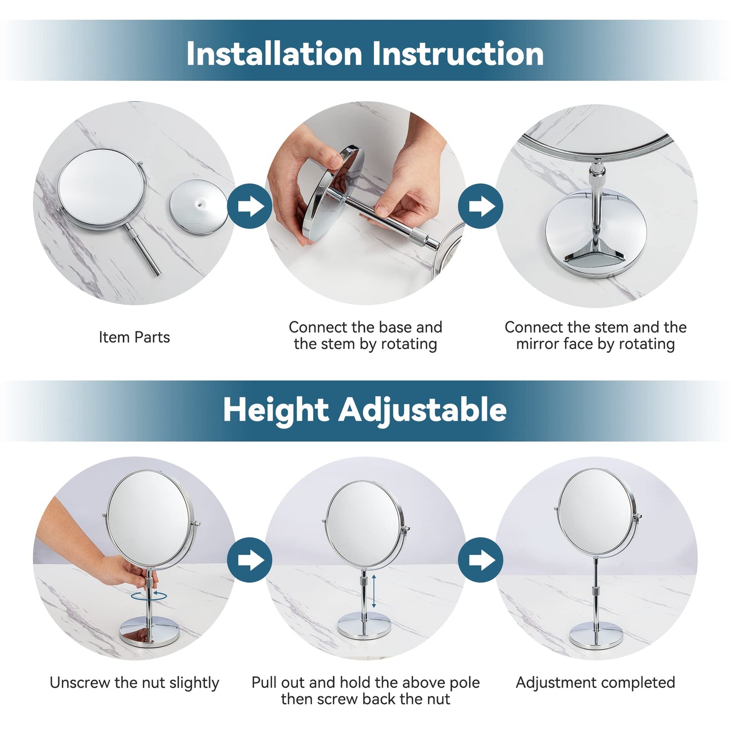 17" Tall Tabletop Magnifying Makeup Mirror Height Adjustable Vanity Mirror 1X/10X Magnification, 8" Large Double-Sided 360° Swivel Classic Round Desktop Make Up Mirror for Bathroom & Bedroom, No Light