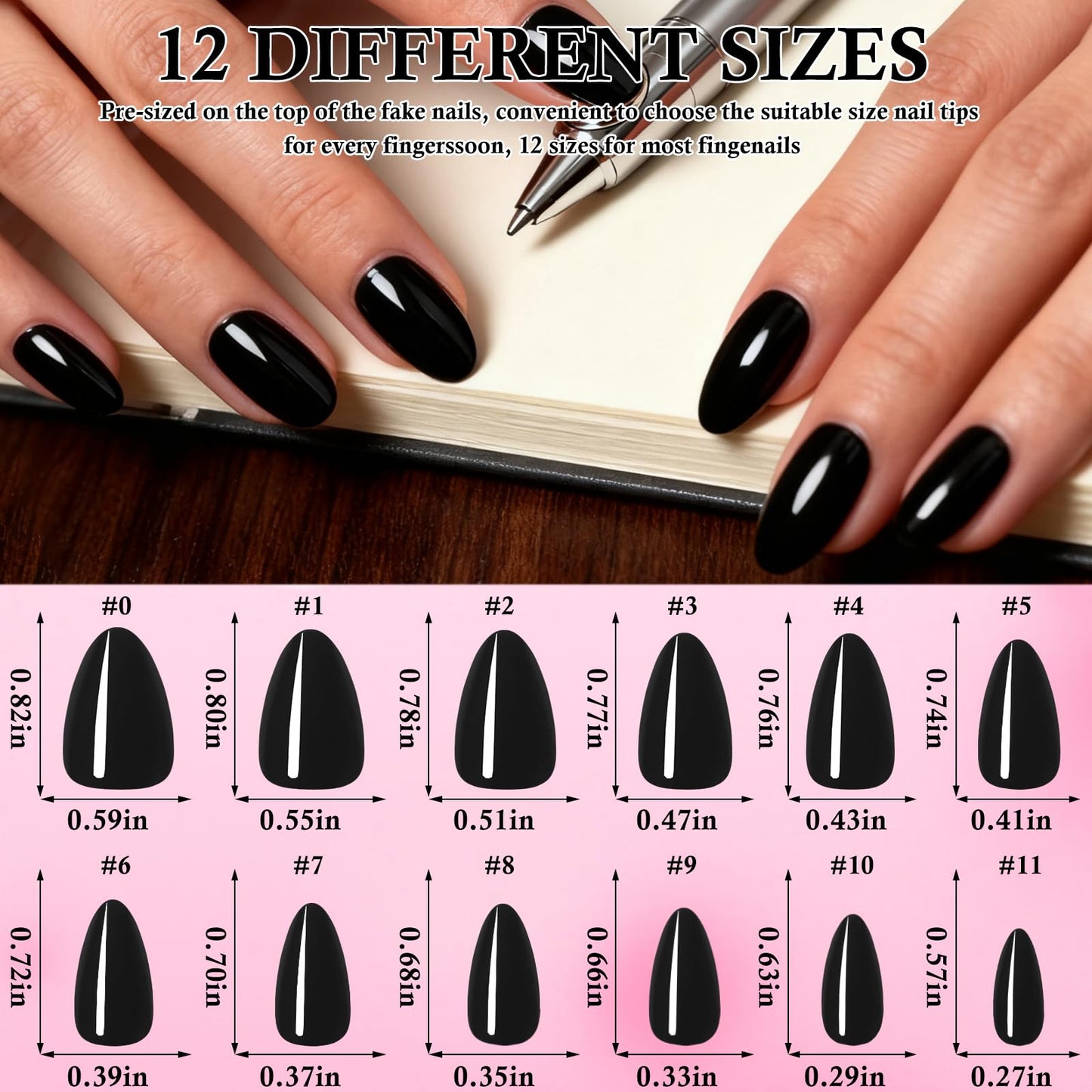 240pc Black Almond Press on Nails Short Fake Nails with Glue Tabs, Short Nails Press on Nail Almond Glue on Nail Black Acrylic Nail Full Cover False Nail Women Girls Artificial Fingernail 12 Sizes
