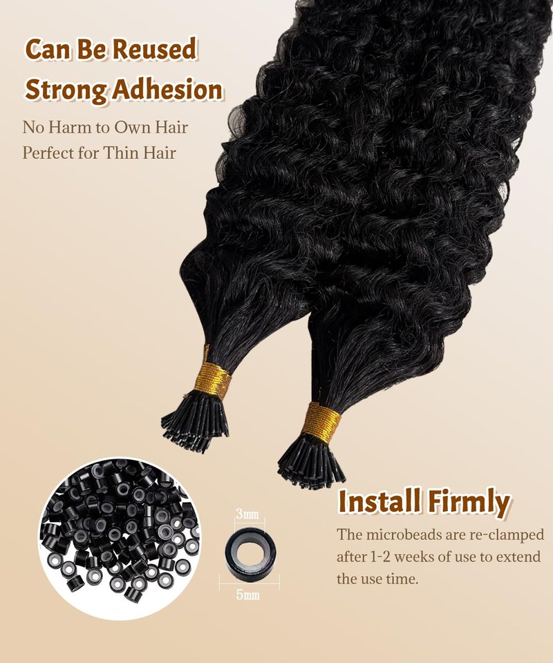 Water Wave I Tip Hair Extensions Human Hair Cold Fusion Itip Flawless Microlinks Curly Hair Extensions Invisible Blends Naturally Individual Strands for Black Women 50G 18Inch Black