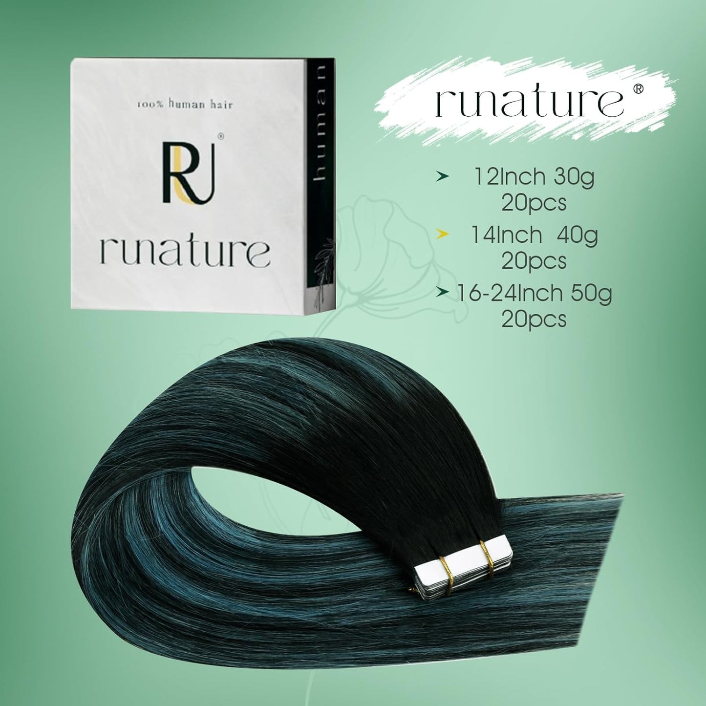 Ombre Tape-In Hair Extensions | 14-Inch Human Hair, Natural Black to Teal & Blue | Remy Soft, Straight, 20 Pcs