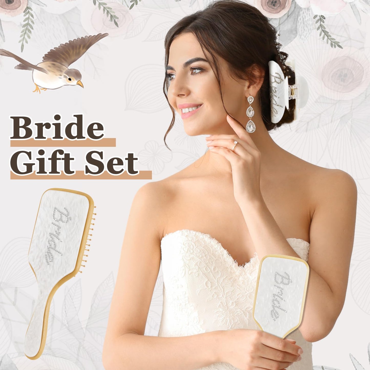 Vicenpal 2 Pcs Bride to Be Gift Set White Wooden Paddle Brush & Bridal Hair Claw Clip with Sparkling Rhinestone Bride Details Bridal Shower Gift for Bachelorette Party Wedding Accessories