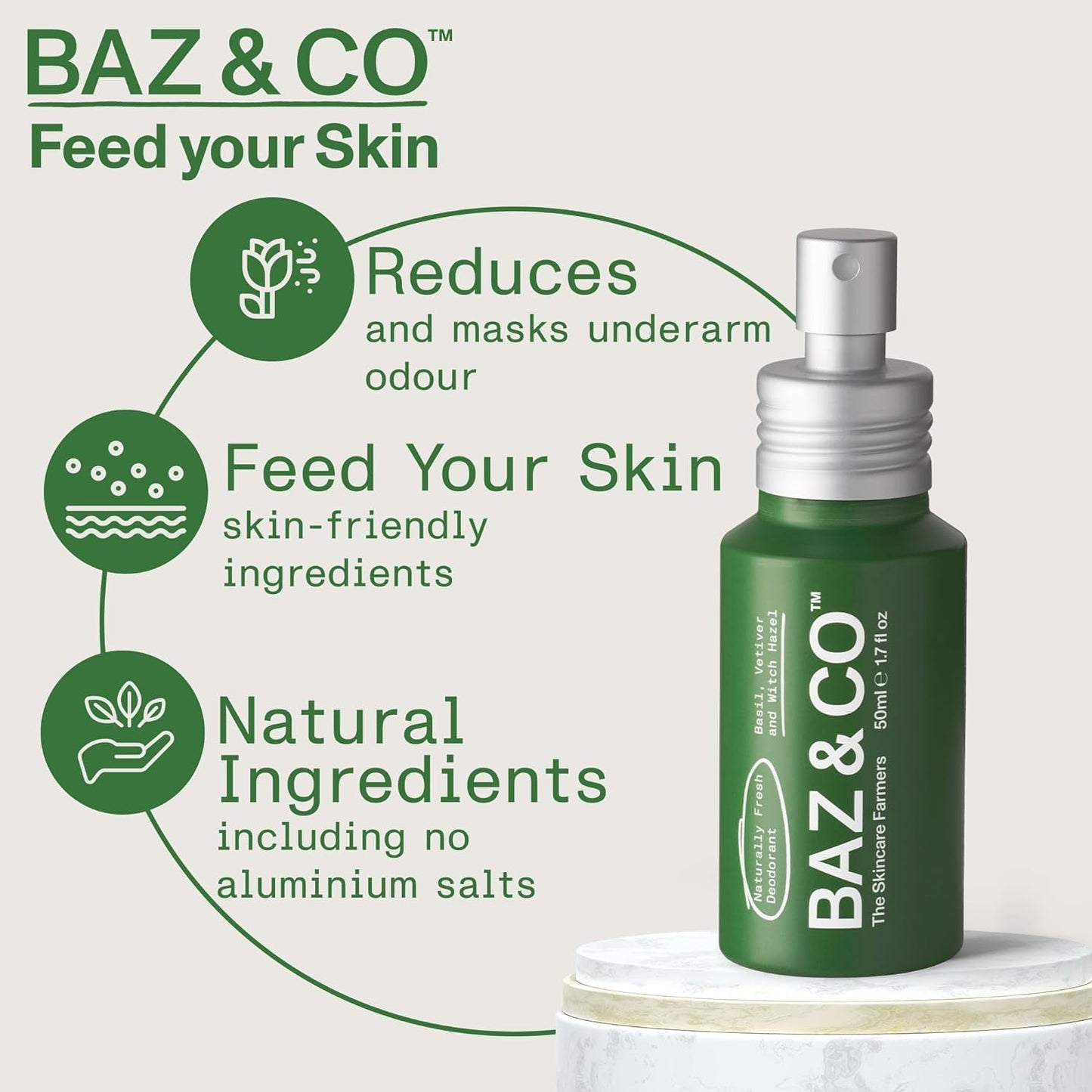 BAZ & CO Naturally Fresh Travel Size Deodorant Body Spray for Men | Aluminium Free Deodorant | Basil, Vetiver & Witch Hazel | 50ml