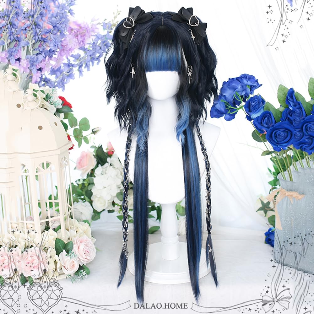 TEDPRBGE Women Curly Wig Jellyfish Head Wig Hime Cut Wigs Braids Sweet Lolita Princess Wigs for Daily Party (Black Blue)