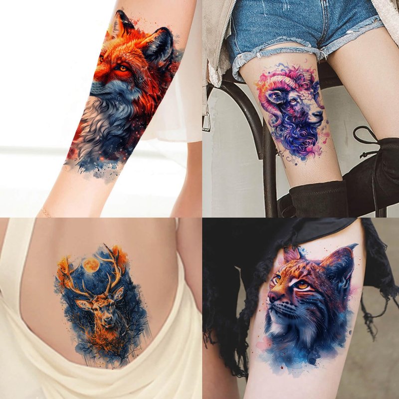 Temporary Tattoos for Adults - 18-Pack Realistic Animal Designs | Long-Lasting 3D Wolf, Lion, Tiger
