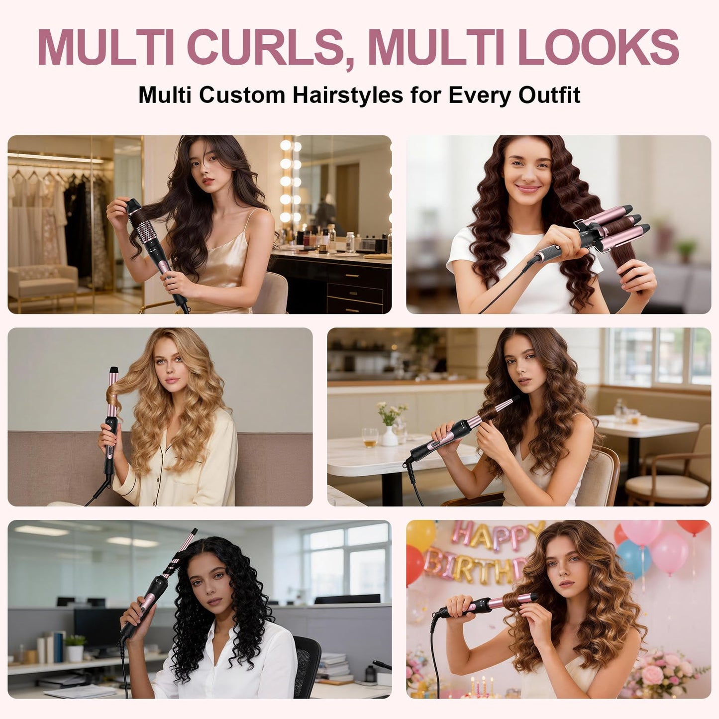 6 in 1 Wand Curling Iron Set, 3 Barrel Curling Wand Set with Thermal Brush (1.5") and 5 Interchangeable Ceramic Hair Wand Curler (0.35"-1.25"), Home Travel Multi Curl, 2 Temp 30S Instant Heat Up
