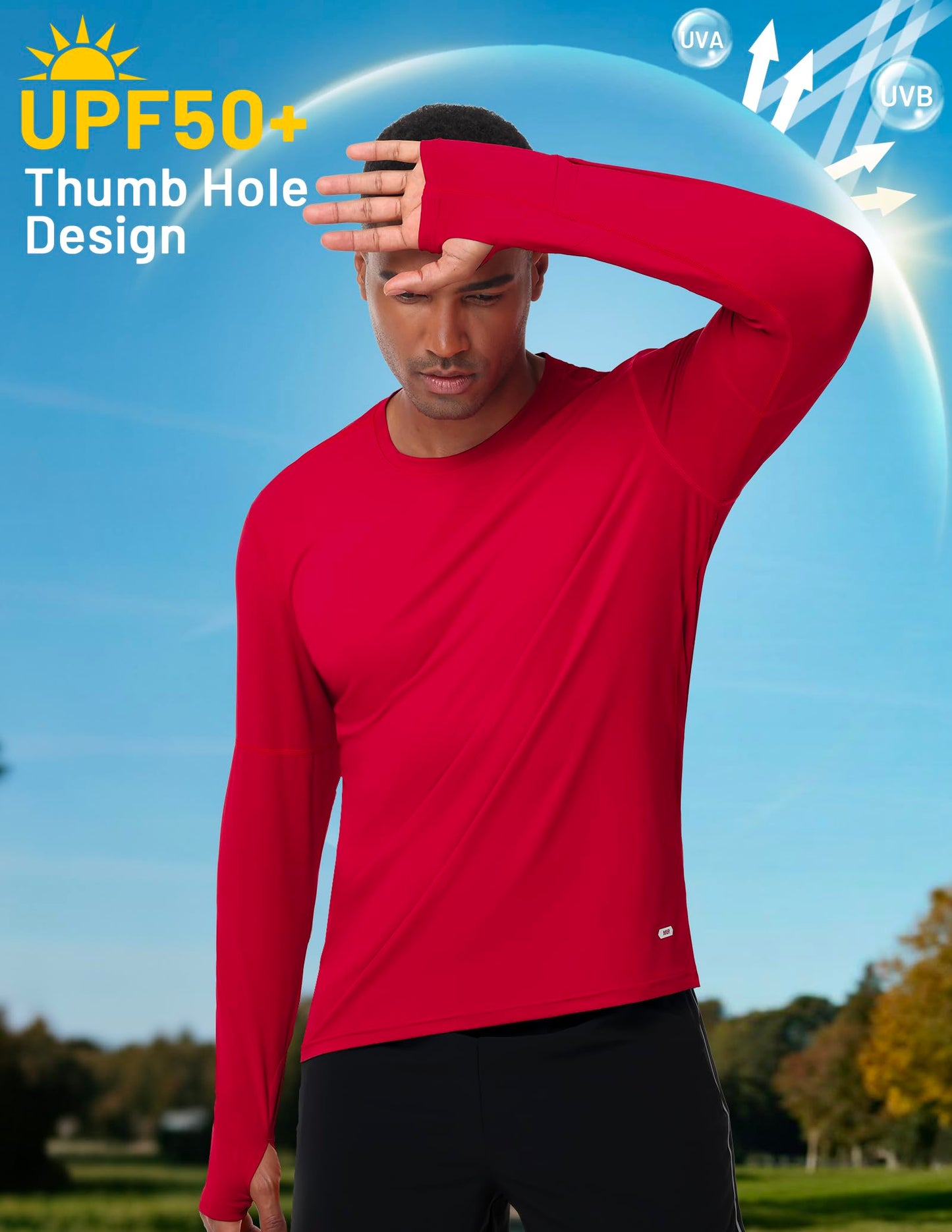 MIER Dry Fit Long Sleeve Shirts for Men UPF 50+ UV Sun Protection Shirts for Running Workout Athletic, Reflective, Red, M