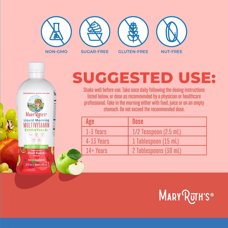 MaryRuth's Liquid Morning Multivitamin Essentials+ | Vitamin A C D E B6 B12 Biotin Zinc | Mens Womens Multivitamin | Immune Support | Beauty | Sugar Free | Vitamins for Ages 1+ | Vegan | 32 Fl Oz